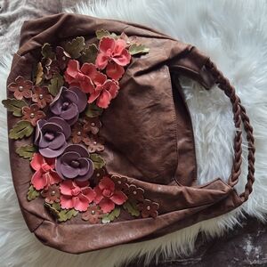 Brown Floral-Appliqué Hobo Bag with Braided Handle